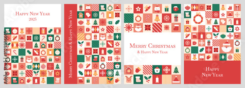 Set of New Year's 2025 cards with icons in mosaic pattern. Christmas geometric elements in tiles background. Vector greeting illustration. Xmas invitation, cover layout template. Cute ornament