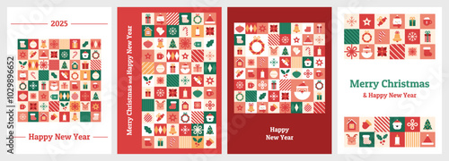2025 New Year's cards with geometric patterns. Christmas icons and elements in tiles. Mosaic background. Vector xmas illustration. Greeting banner, invitation template. Modern graphics in chess.