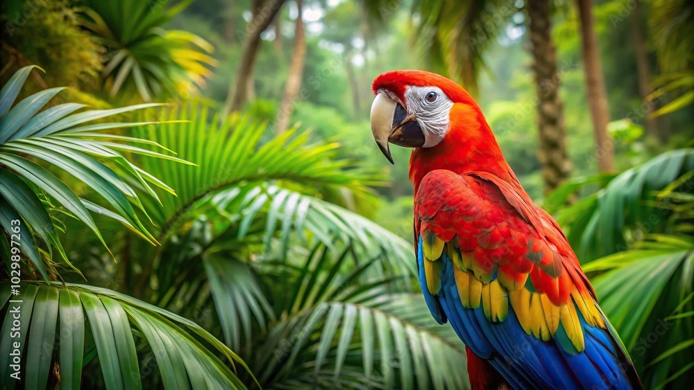Obraz premium tropical jungle with red and blue macaw in South America
