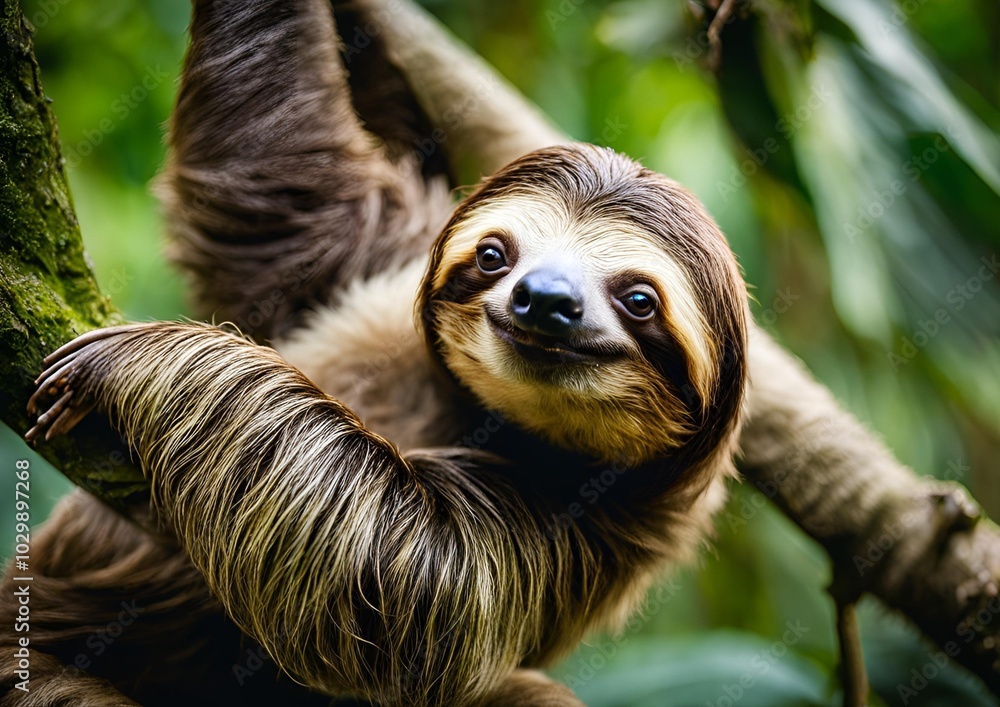 Naklejka premium A funny sloth hangs from a tree branch, sporting a cute expression as it scratches its belly—a perfect portrait of wildlife in the lush rainforests of Costa Rica.
