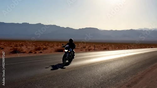 A lone motorcycle cruising down a long, empty desert road, with heat waves rising off the asphalt and distant mountains in the background.
