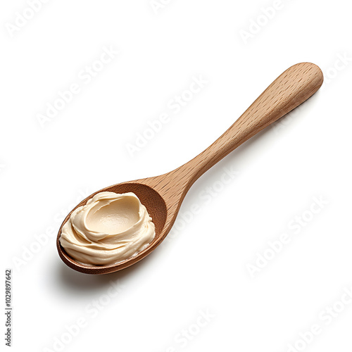 photo of wooden spoon with vanilla cake batter, side angle, hyperealistic, glossy, isolated on white background, photo