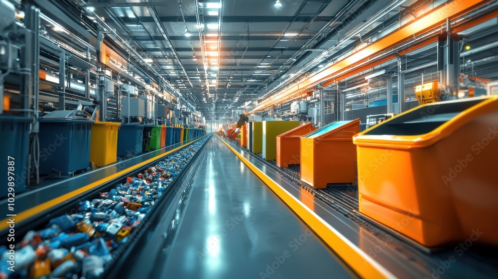 Advanced Futuristic Recycling Facility with Precision Sorting Machine in Organized Workspace Advanced Futuristic Recycling Facility with Precision Sorting Machine in Organized Workspace