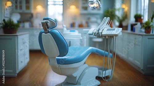 A dental chair equipped with various medical tools.