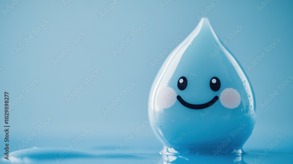Adorable blue teardrop character with a small smile, Blue Monday background with ample copy space Adorable blue teardrop character with a small smile, Blue Monday background with ample copy space