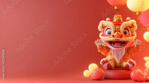 Adorable cartoon lion dance with firecrackers, perfect Chinese New Year backdrop with space for greetings