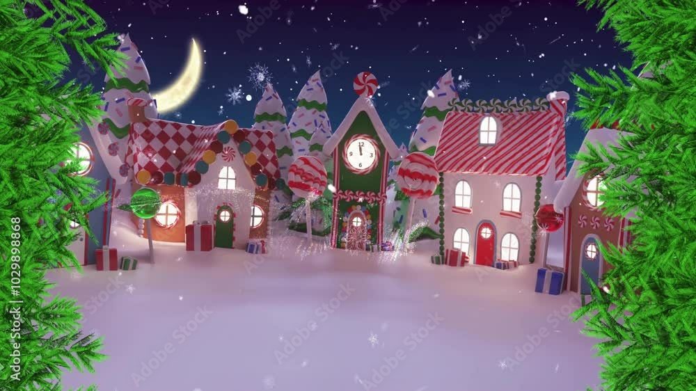 Snowflakes falling on snow-covered village with festive decorations Snowflakes falling on snow-covered village with festive decorations