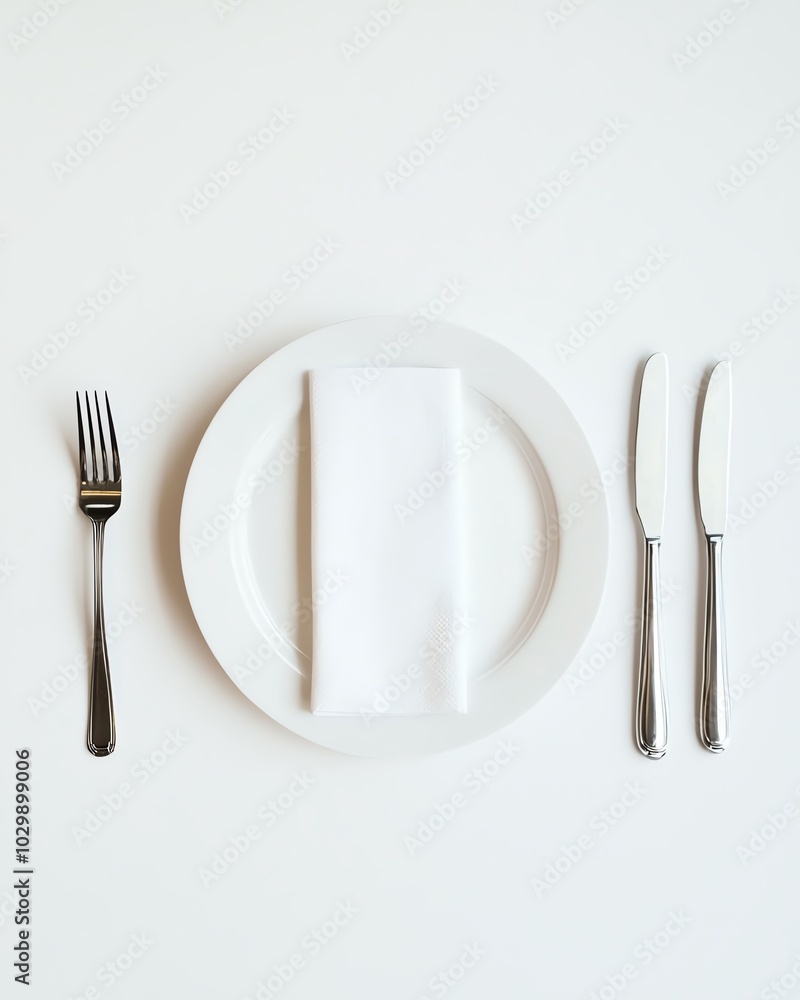 Minimalist table setting with plate, cutlery, and napkin on white background, product photography style Minimalist table setting with plate, cutlery, and napkin on white background, product photography style