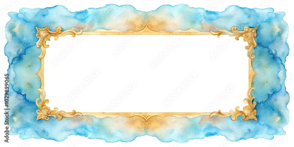 Soft blue and gold frame watercolor on isolated white background, symmetrical Soft blue and gold frame watercolor on isolated white background, symmetrical