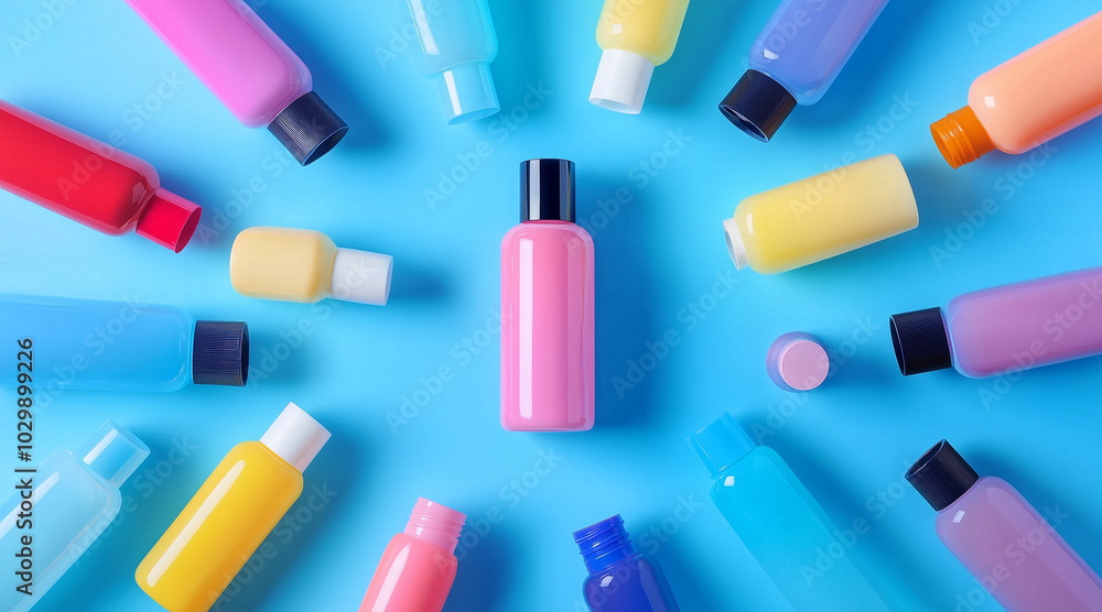 many colorfull bottles with cosmetic lotion, located with caps towards the center around one bottle, top view, flat blue background many colorfull bottles with cosmetic lotion, located with caps towards the center around one bottle, top view, flat blue background