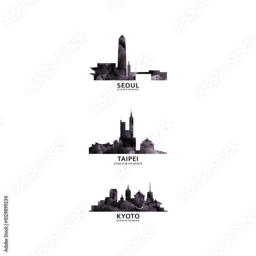 Asia region cities logo and icon set. Vector graphic collection for Seoul, Taipei, Kyoto. Japan, Taiwan, South Korea skyline emblems
