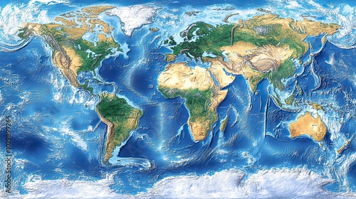 A detailed physical map of the world provides a high-resolution flattened satellite view of Earth's geography and topography.