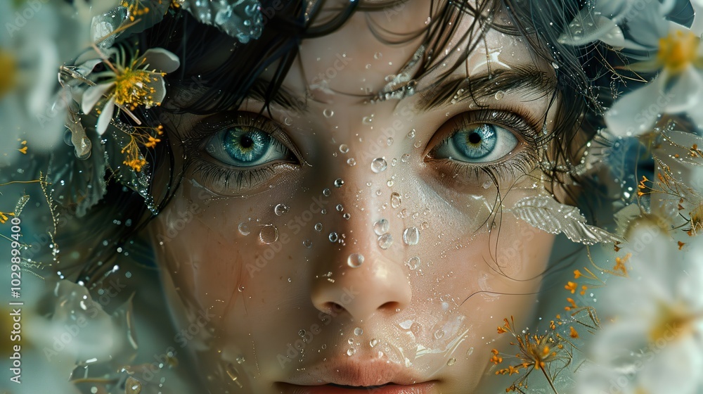 Close-up Portrait of a Woman with Water Drops and Flowers Close-up Portrait of a Woman with Water Drops and Flowers
