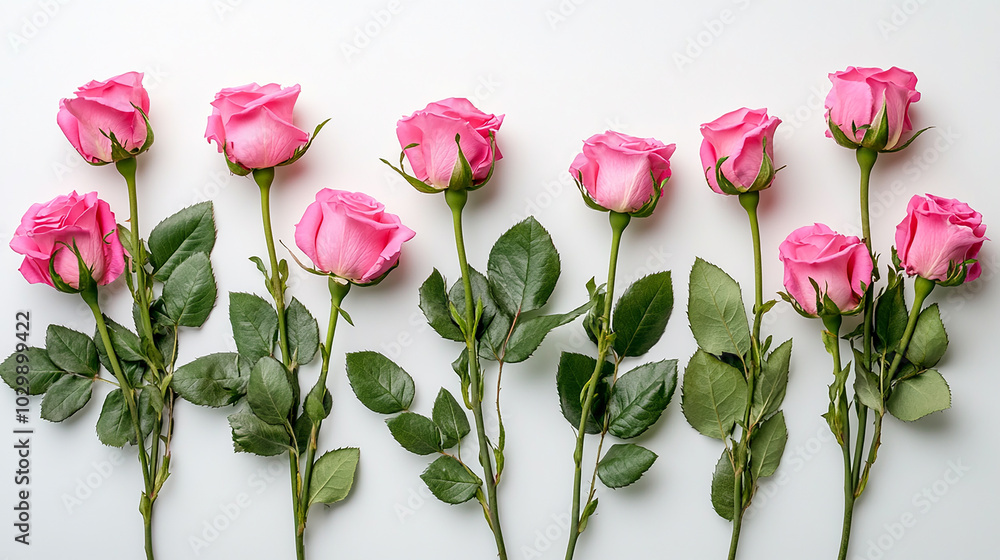Fototapeta premium frame made of pink flowers and green leaves flowers composition on white background