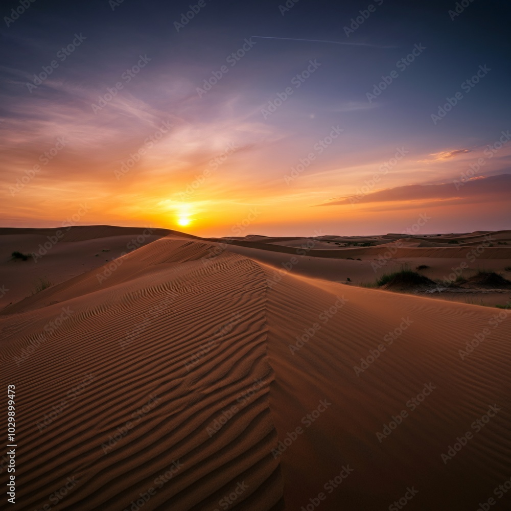 Desert dunes under a dramatic, colorful sunset Desert dunes under a dramatic, colorful sunset