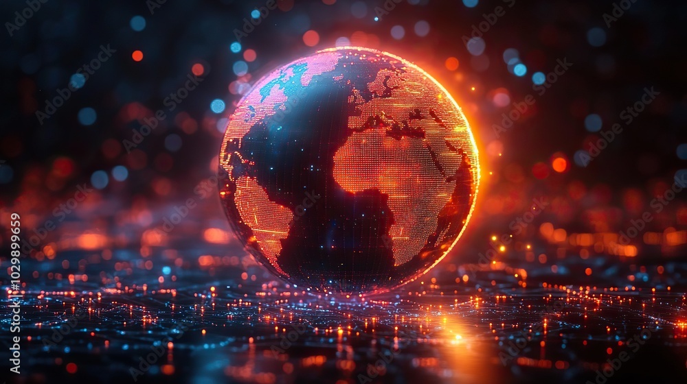 A digital globe with a neon light effect illustrating global communication networks. A digital globe with a neon light effect illustrating global communication networks.