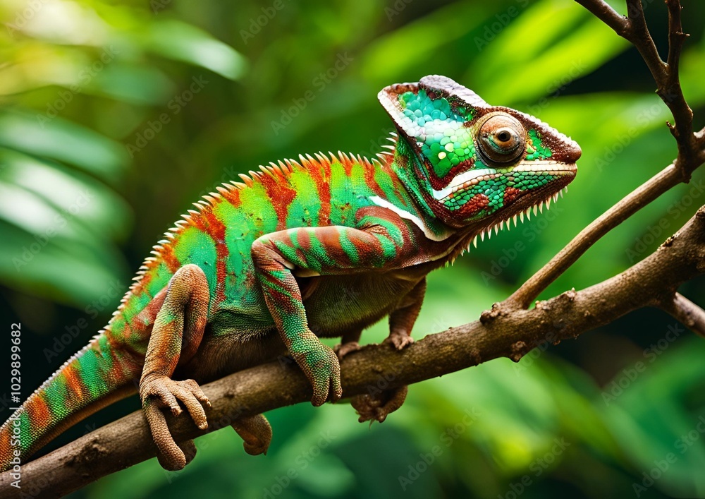 Fototapeta premium A chameleon changing its colors embodies adaptability and transformation, illustrating the concept of camouflage.
