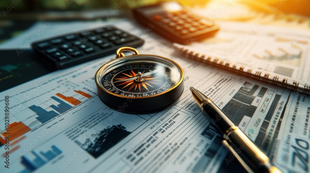 Financial Navigation - Calculated Decisions with Compass on Stack of Reports Financial Navigation - Calculated Decisions with Compass on Stack of Reports