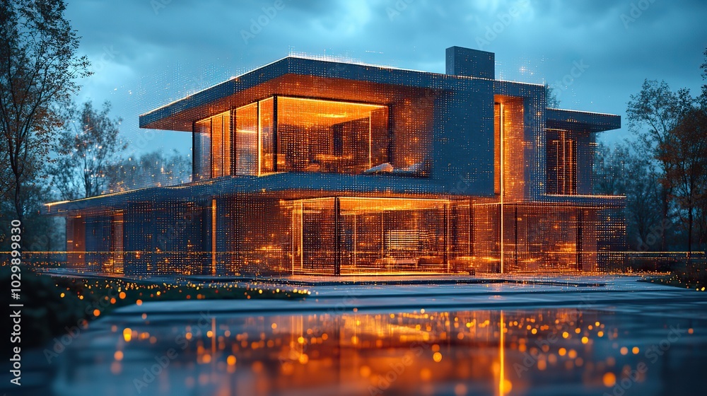 A digital hologram displaying a modern house, a concept for real estate or architectural businesses. A digital hologram displaying a modern house, a concept for real estate or architectural businesses.