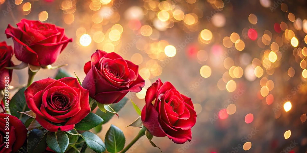 Soft dreamy background of warm bokeh lights and delicate branches with red roses Soft dreamy background of warm bokeh lights and delicate branches with red roses
