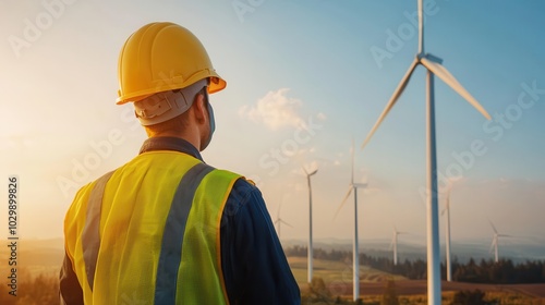 A worker in a hard hat and safety vest stands before wind turbines, admiring renewable energy amidst a clear sky and sunset.