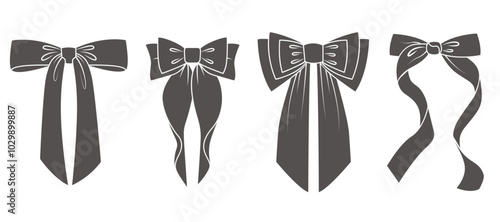 Ribbon bow with knot for gift and hair. Vector icons and doodle black silhouette. Hand drawn flat design for birthday and Christmas holidays presents decoration. Fashion elements accessories.