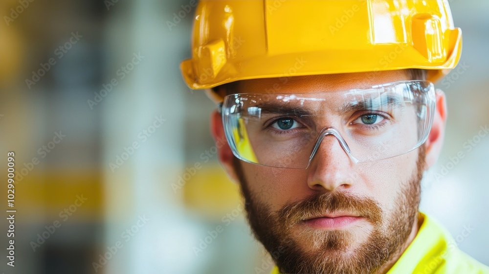 A focused construction worker wearing safety gear, including a yellow hard hat and protective glasses, exuding professionalism and alertness. A focused construction worker wearing safety gear, including a yellow hard hat and protective glasses, exuding professionalism and alertness.