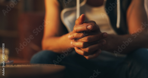 Bild auf Leinwand Hands, man and home with drug addiction for stress, depression and anxiety in living room