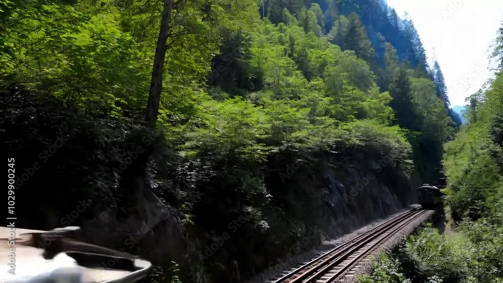 A funicular railway car slowly ascending a steep mountainside through dense forests, with only the gentle hum of machinery and nature in the background.
A funicular railway car slowly ascending a steep mountainside through dense forests, with only the gentle hum of machinery and nature in the background.