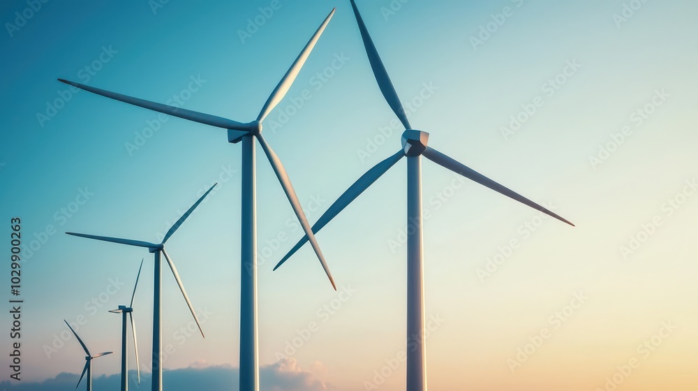 Wind turbines stand tall against a clear sky, harnessing renewable energy in a serene landscape at sunset. Wind turbines stand tall against a clear sky, harnessing renewable energy in a serene landscape at sunset.