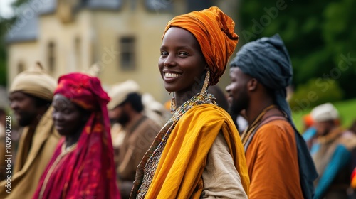 A diverse group of travelers from Ethiopia enjoy a historical reenactment festival in a European castle. Celebrating world history through travel photo