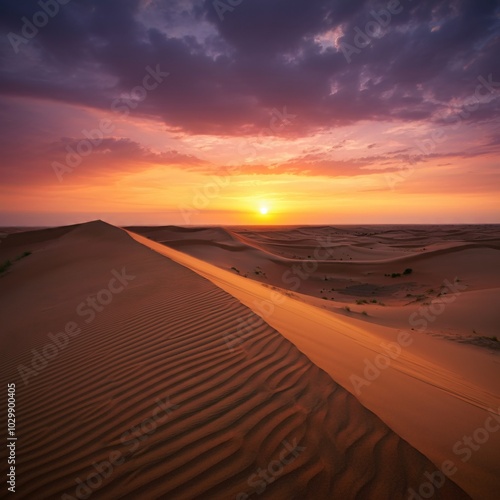 Desert dunes under a dramatic, colorful sunset