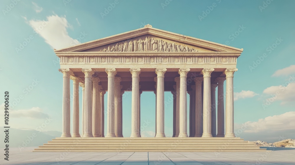 An ancient Greek temple with columns and a triangular pediment against a blue sky with clouds. An ancient Greek temple with columns and a triangular pediment against a blue sky with clouds.