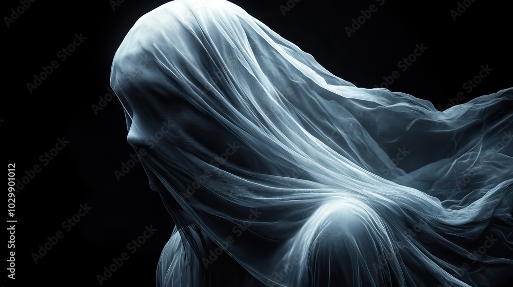 A domestic ghost portrayed in a spooky Halloween theme on a black background. A domestic ghost portrayed in a spooky Halloween theme on a black background.