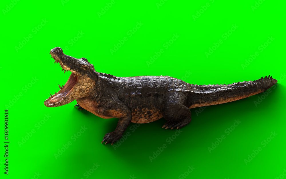 3d Illustration of a dark American crocodile isolated on green background with clipping path. Animal Hunting Motion. 3d Illustration of a dark American crocodile isolated on green background with clipping path. Animal Hunting Motion.