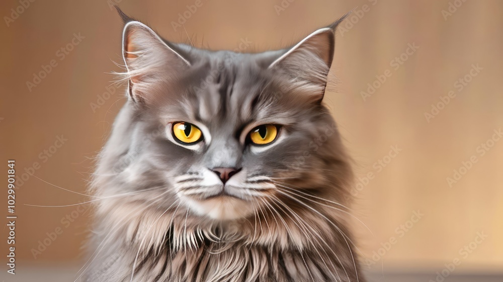 Portrait of a majestic gray cat with striking yellow eyes, soft fur, and focused expression. Portrait of a majestic gray cat with striking yellow eyes, soft fur, and focused expression.