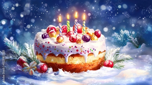 Colorful Epiphany cake with festive candles and decorations, cute design with space for text photo