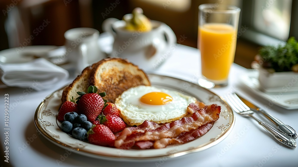 A delicious breakfast plate featuring a sunny-side-up egg, crispy bacon, fresh blueberries, strawberries, and toast, with orange juice in the background. A delicious breakfast plate featuring a sunny-side-up egg, crispy bacon, fresh blueberries, strawberries, and toast, with orange juice in the background.
