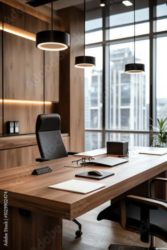 Modern office interior with wooden decor