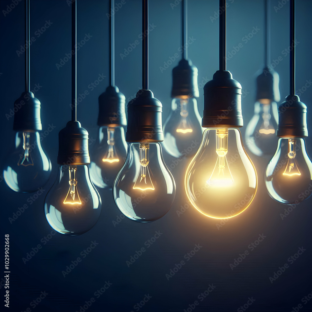 Shining Bright Idea Among Unlit Bulbs Shining Bright Idea Among Unlit Bulbs