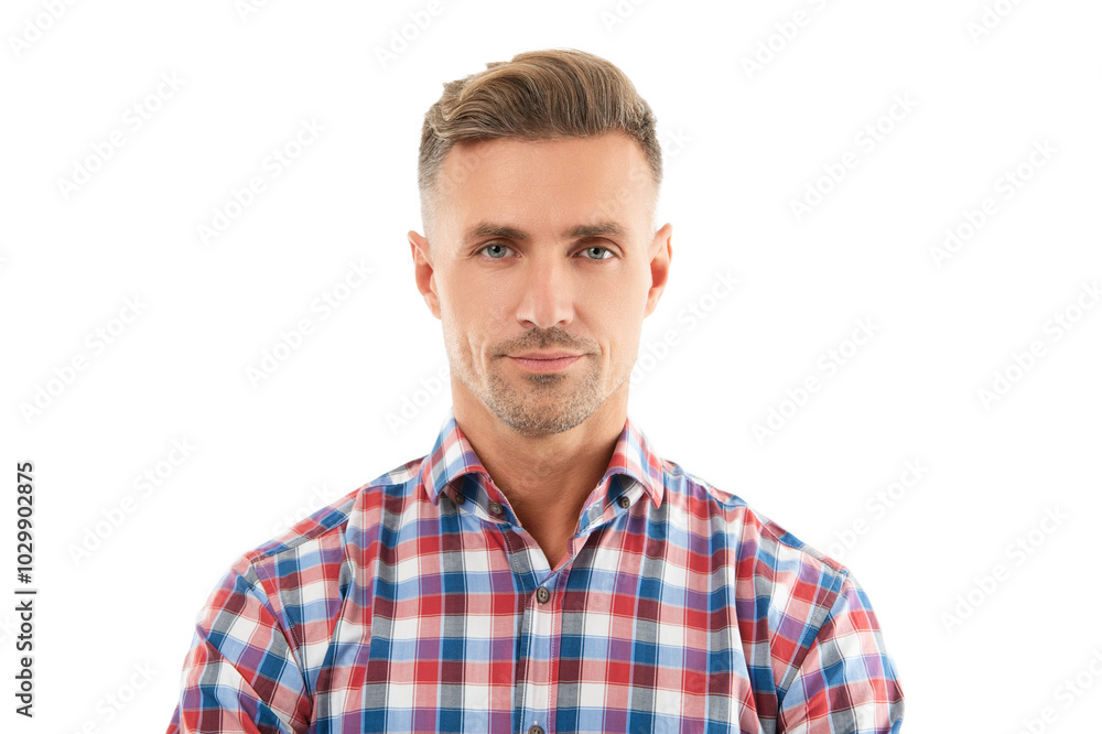 Obraz premium Mature man isolated on white. Stylish man portrait. Casual style of man. Guy has stylish haircut. Man with trendy hairstyle. Casual male style portrait. Mature portrait