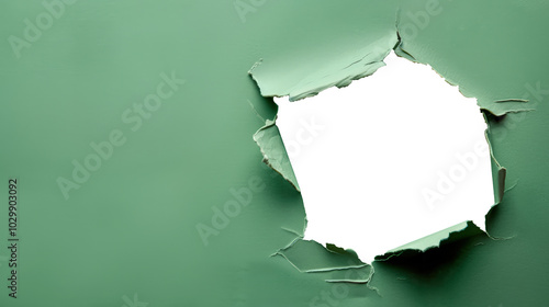 A hole in a sheet of green paper with copy space isolated on transparent background. 