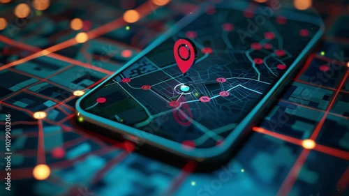 Concept of geofencing, featuring a digital map with virtual boundaries, a location pin, and a mobile device showcasing a geofencing app.	
