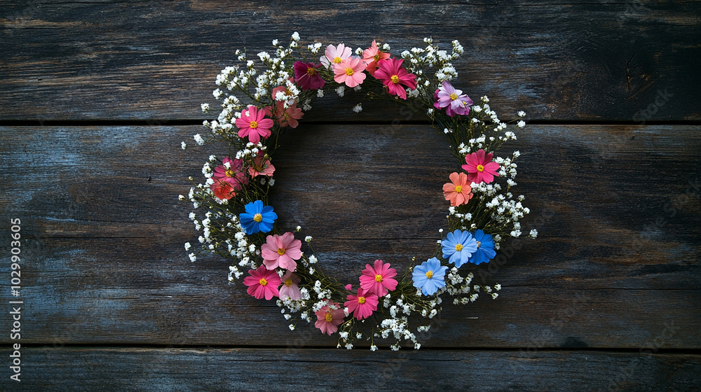 small colorful flowers with baby breath arrangement on dark wooden background small colorful flowers with baby breath arrangement on dark wooden background