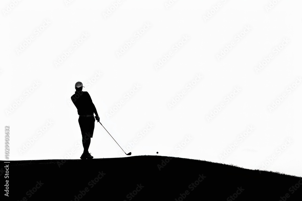 Golfer's Graceful Silhouette on Green Field At Sunset Golfer's Graceful Silhouette on Green Field At Sunset