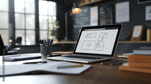 Modern workspace with laptop and stationery. photo