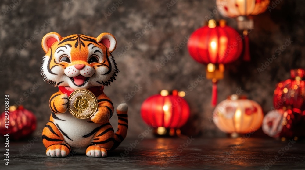 Cute smiling tiger holding a gold coin with traditional Chinese lanterns, festive New Year theme with copy space
