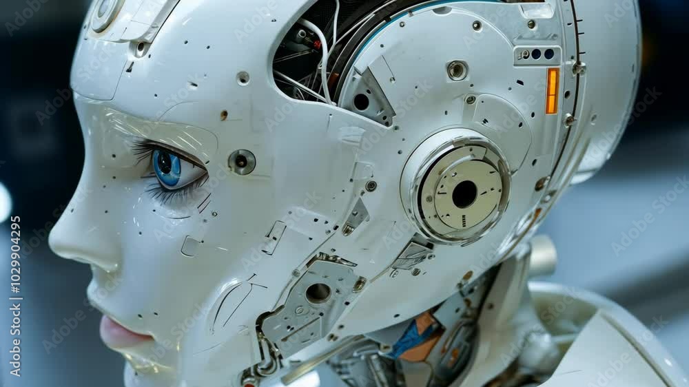 A close-up view of a humanoid robot's head, showcasing its intricate mechanical design and a single blue eye