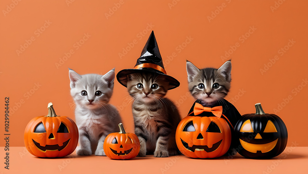 Three cute kittens in a Halloween costume, Halloween background copy-space, Halloween cats Three cute kittens in a Halloween costume, Halloween background copy-space, Halloween cats