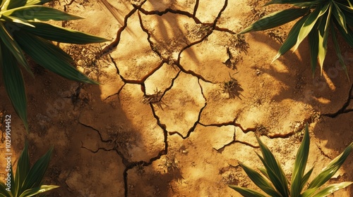 Desert scene with cracked, dry earth and resilient plant life under a blistering sun, vividly portraying the environmental impacts of severe drought photo